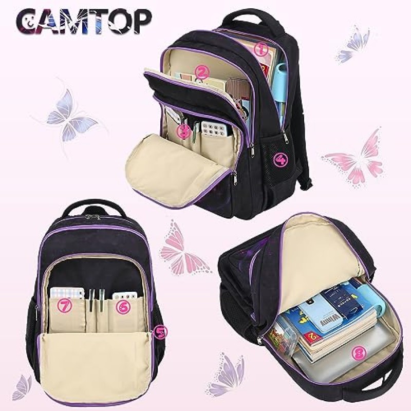 어린이를위한 CAMTOP 배낭 도시락 상자가있는 소녀 유치원 배낭 유아 유치원 빛나는 BookBag 세트