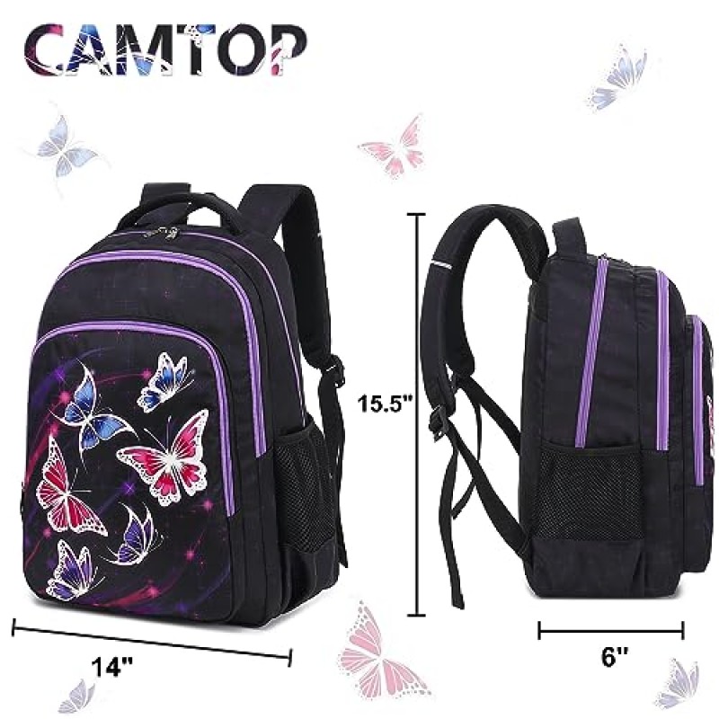 어린이를위한 CAMTOP 배낭 도시락 상자가있는 소녀 유치원 배낭 유아 유치원 빛나는 BookBag 세트