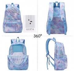 Dafelile 메쉬 배낭 소녀 어린이 반투명 학교 책가방 비치 가방을 통해 볼 메이크업 가방이 포함된 책가방(나비 블루)
