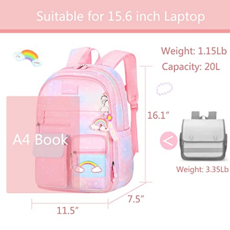 Lmeison 배낭 소녀 학교 배낭 귀여운 Bookbag Kawaii 어린이 학교 가방 핑크 레인보우 백 팩 여행을위한 캐주얼 데이 팟