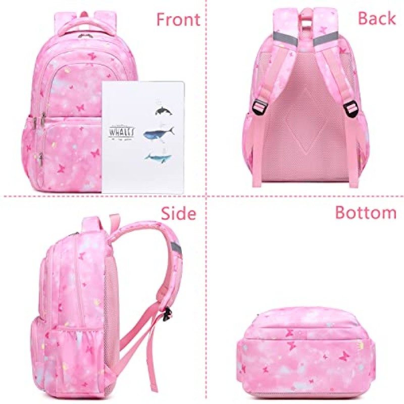 Sunborls Kawaii 배낭 귀여운 나비 외부 십대 소녀 학교 Bookbag 점심 양동이 연필 케이스 3pcs (핑크)