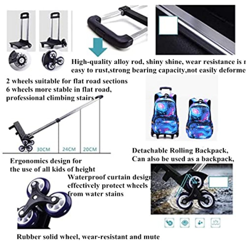 VIDOSCLA 신비한 별이 빛나는 하늘 십대 롤링 배낭, 초등학생 트롤리 책가방, 바퀴가 달린 어린이 기내 초등학교 가방