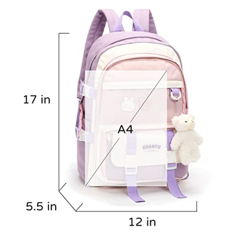 Phaoullzon Kawaii 배낭 학교 미적 Bookbag 핀과 펜던트가있는 소녀를위한 귀여운 애니메이션 배낭, 보라색