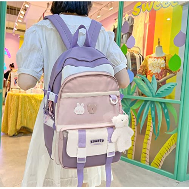 Phaoullzon Kawaii 배낭 학교 미적 Bookbag 핀과 펜던트가있는 소녀를위한 귀여운 애니메이션 배낭, 보라색