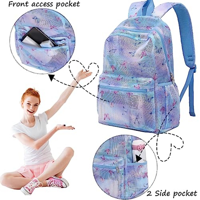 소녀를위한 Jumpopack 메쉬 배낭 어린이 반투명 메쉬 학교 배낭 Bookbag 해변 체육관 여행을위한 배낭을 통해 경량 참조 (나비)