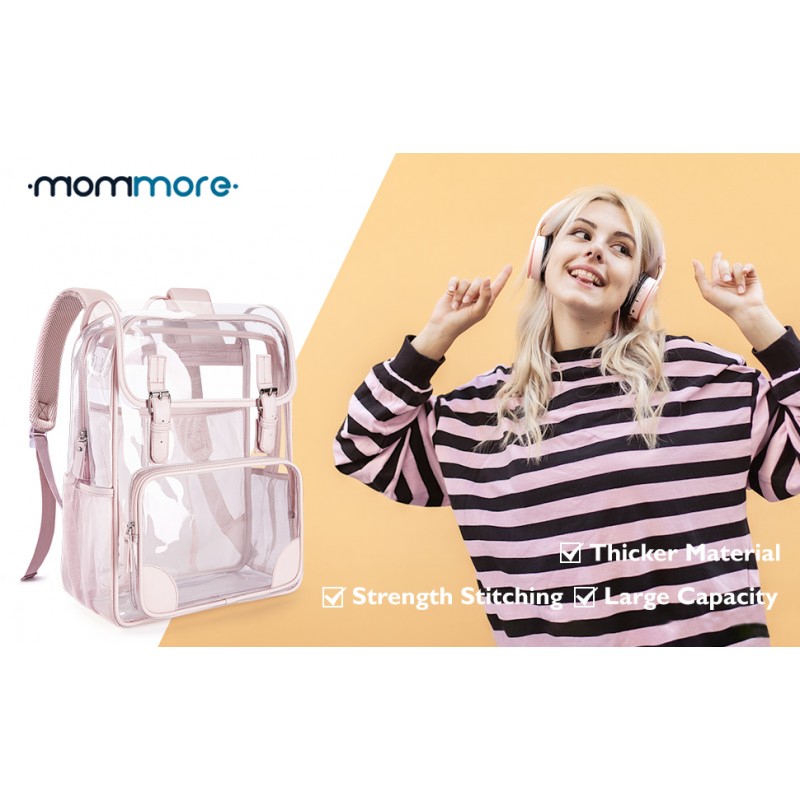 mommore Clear Backpack 헤비 듀티 두꺼운 PVC 투명 백팩(가죽 트림 포함) 대용량 작업, 경기장용 백팩을 통해 볼 수 있음