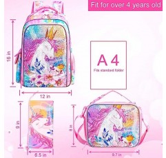소녀를 위한 3PCS 배낭, 16인치 유니콘 방수 스팽글 유치원 책가방, 귀여운 초등학교 유치원 학교 배낭 및 도시락 상자 - 핑크