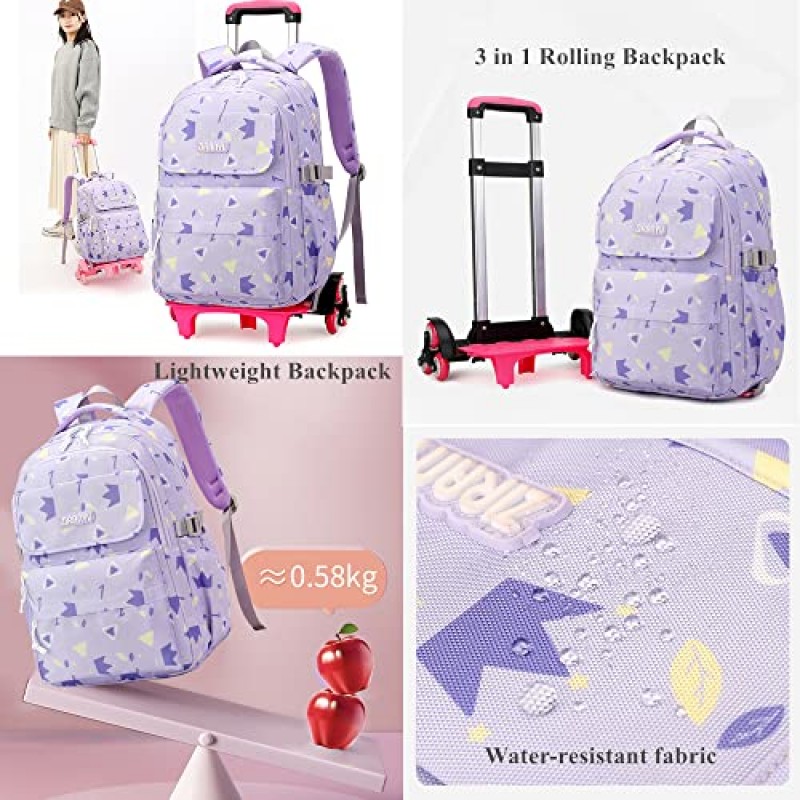 3Pcs 소녀 롤링 배낭 어린이 Bookbag 바퀴 세트 초등학생 야외 트롤리 Schoolbag