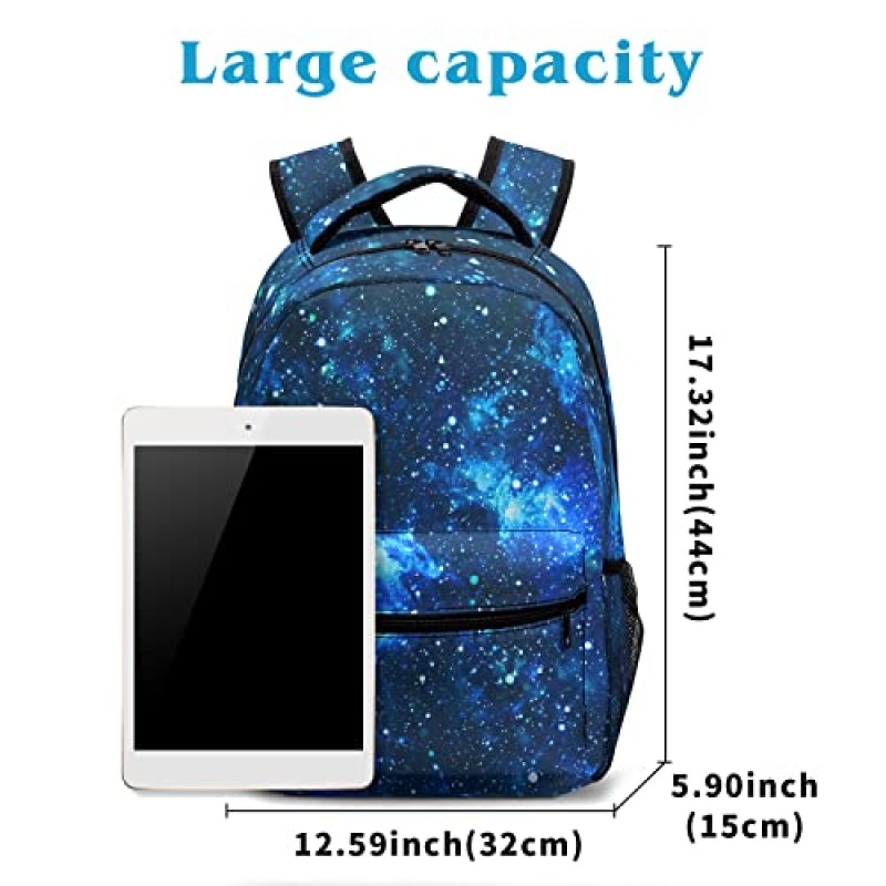 어린이를위한 Dacawin Space Galaxy 배낭 소녀 소년 별이 빛나는 하늘색 초등학교 가방 내구성 기본 캔버스 Bookbags 경량 여행 배낭