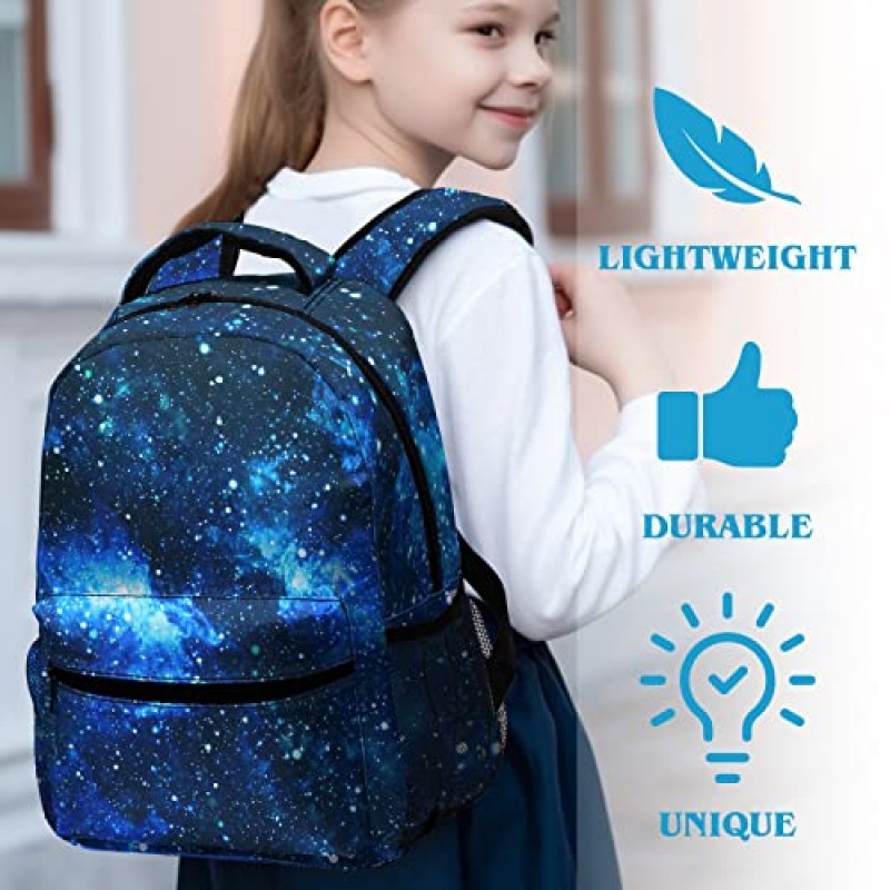 어린이를위한 Dacawin Space Galaxy 배낭 소녀 소년 별이 빛나는 하늘색 초등학교 가방 내구성 기본 캔버스 Bookbags 경량 여행 배낭