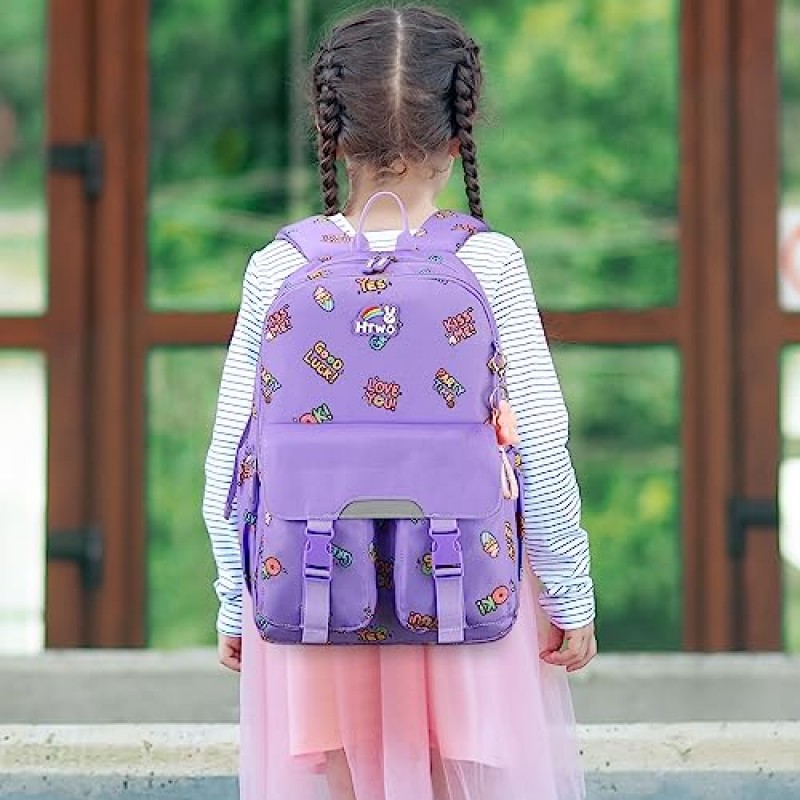 소녀를위한 HTWO 배낭은 CPSC 어린이 배낭 만화 Bookbag를 통과했습니다. 펜던트가있는 6-8 세에 적합합니다 (보라색)