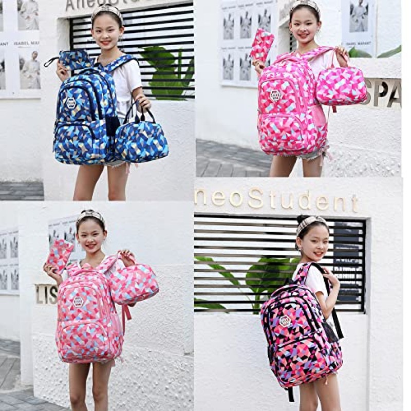 MITOWERMI 3Pcs 배낭 소녀 소년 어린이 배낭 도시락 연필 케이스 방수 경량 기하학 인쇄 Bookbag 초등학교 중학교