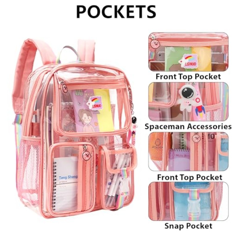 LISINUO 클리어 배낭 소녀 Transparene 배낭 여성을위한 책 가방을 통해 볼 헤비 듀티 Pvc 메쉬 가방 귀여운 소녀 Bookbags (핑크)