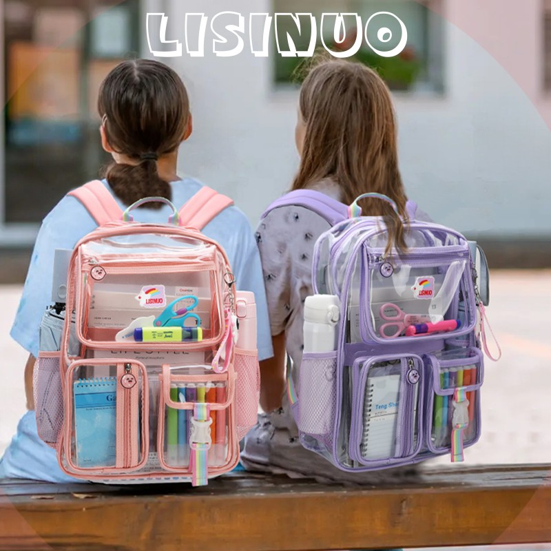 LISINUO 클리어 배낭 소녀 Transparene 배낭 여성을위한 책 가방을 통해 볼 헤비 듀티 Pvc 메쉬 가방 귀여운 소녀 Bookbags (핑크)