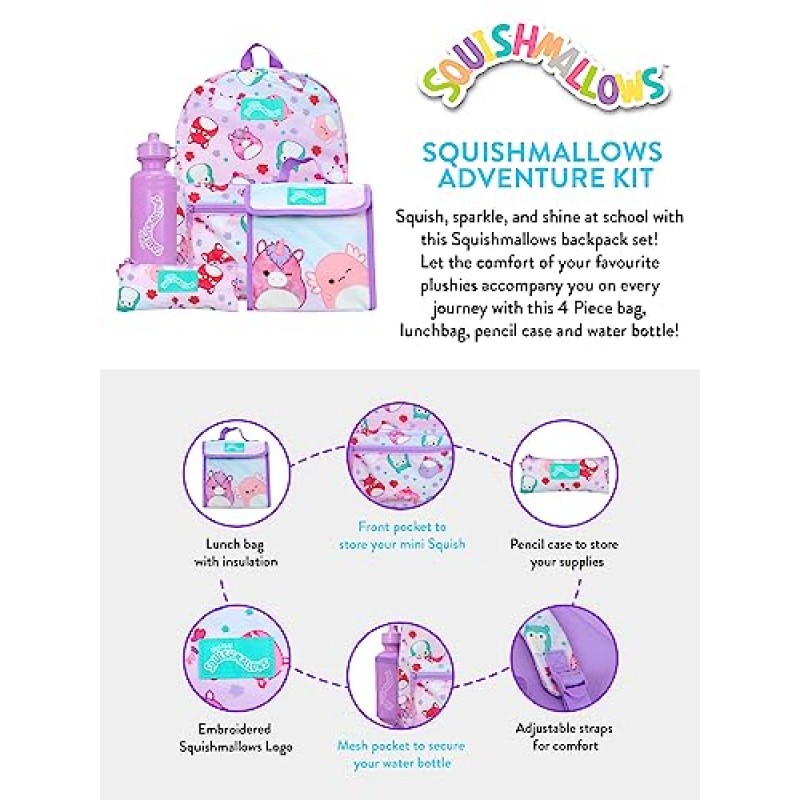 Squishmallows 학교 가방 4개 세트 | 연필 케이스와 물병으로 어린이 배낭과 점심 가방 세트 | 어린이 백팩 | 공식 상품