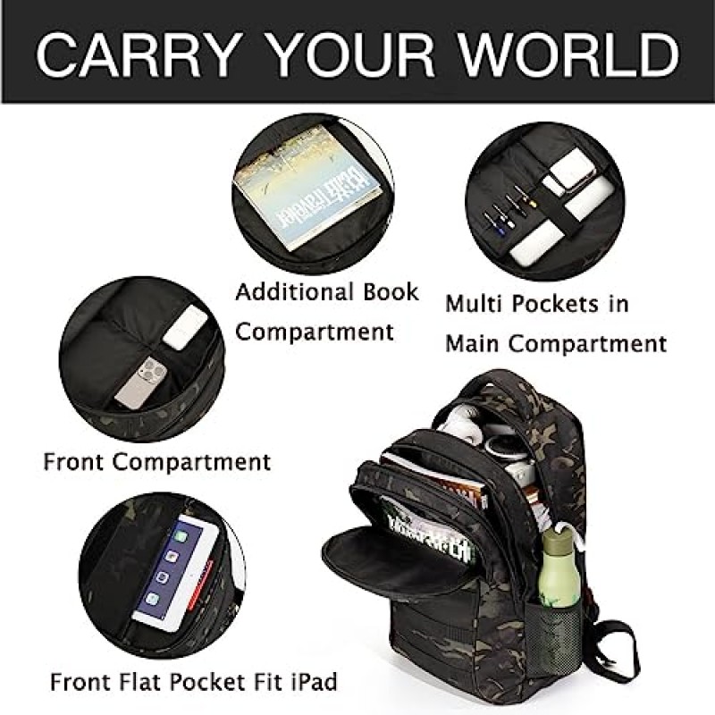 야외 플러스 카모 백팩, 학교용 군용 십대 소년 백팩, USB 충전 포트가 있는 군용 책가방, 40L