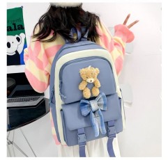 Lokkcy Kawaii 배낭 4Pcs 세트 귀여운 봉제 펜던트 & 배지, 일본 학교 가방 및 소녀 10-12 배낭 (파란색)