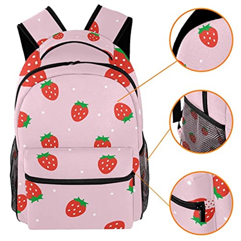 JAVENPROEQT 소녀 소년을 위한 학교 배낭, 카와이 딸기 핑크 패턴 물병 주머니가 있는 캐주얼 책가방