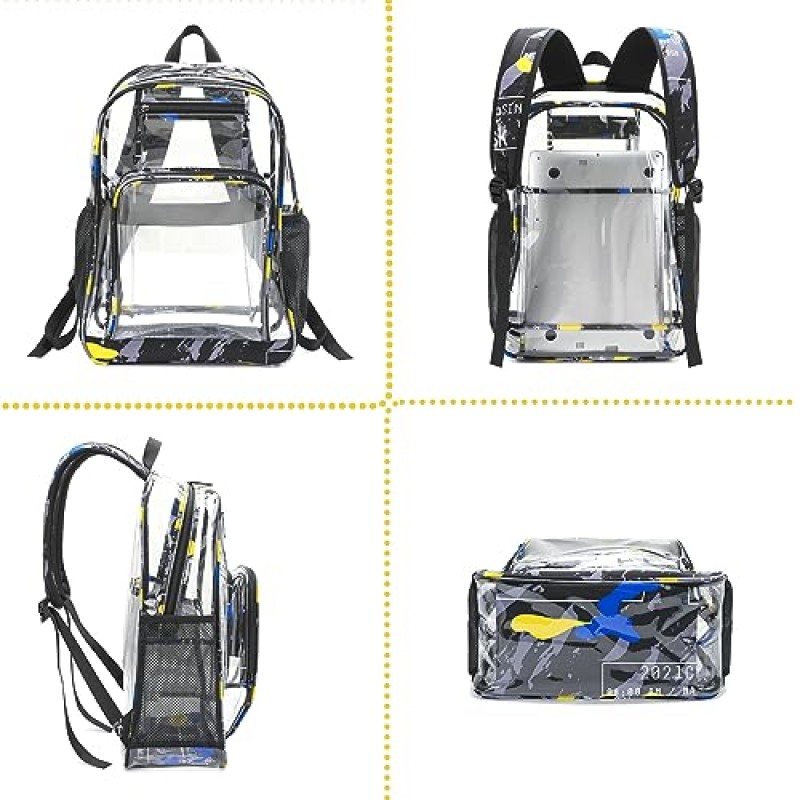LISINUO 클리어 백팩 헤비 듀티 키즈 백팩 소년용 클리어 북백 경기장 승인 투명 가방 (노란색)