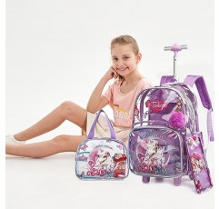 소녀를 위한 ZBAOGTW 유니콘 롤링 배낭 도시락과 연필 가방이 있는 롤링 배낭 소녀를 위한 조절 가능한 길이 바퀴 달린 배낭