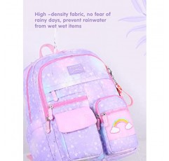 여아용 학교 배낭, 10대 어린이 초등학생을 위한 경량 방수 귀여운 무지개 학교 책가방(레인보우 퍼플)