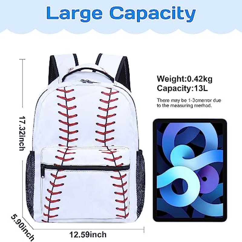 소년을 위한 NHBTGSF 야구 배낭, 학교를 위한 어린이 야구 배낭, 점심 가방과 키체인이 포함된 17인치 배낭 세트 화이트