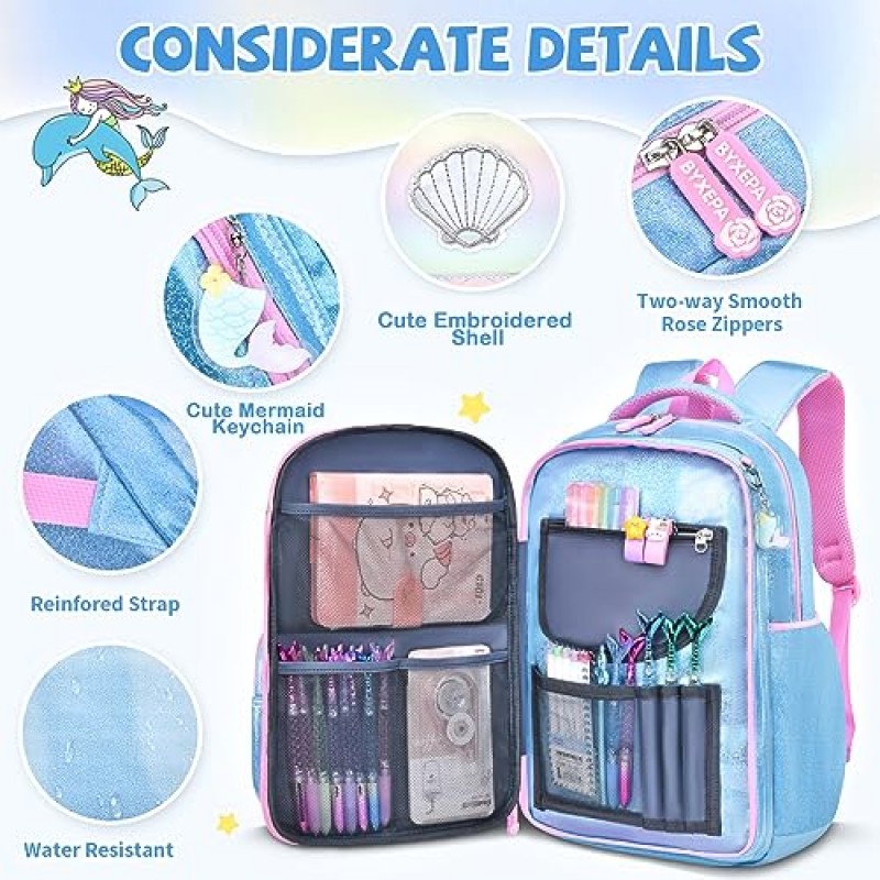 여자 학교를 위한 백팩 학교 초등학생을 위한 절연 도시락 세트가 있는 귀여운 어린이 배낭 책가방 (인어 블루)