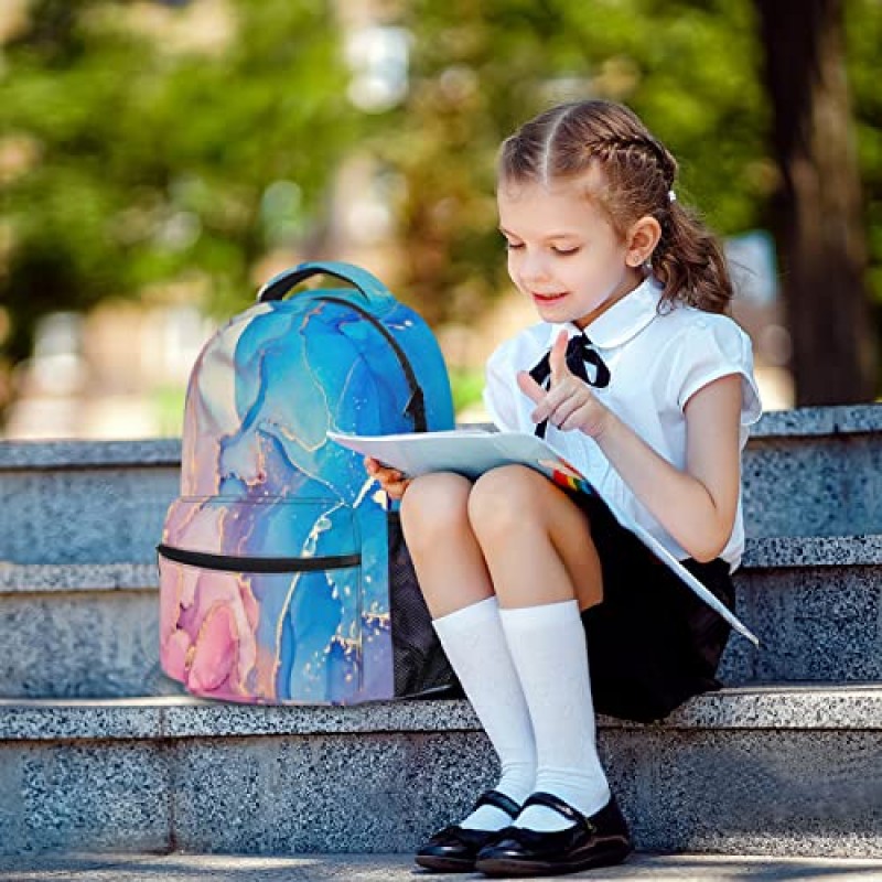 학교용 핑크 대리석 배낭 - 파란색 보라색 배낭 골드 반짝이 질감 책가방 추상 잉크 페인트 배낭 데이팟 남학생 여학생을 위한 스톤 아트 데이팩