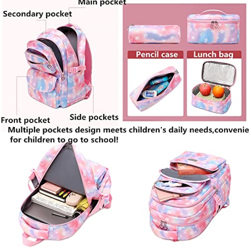 Daisy Prints 배낭 세트 점심 키트 십대 소녀를위한 Bookbag 초등 학생을위한 3pcs Gradient SchoolBag