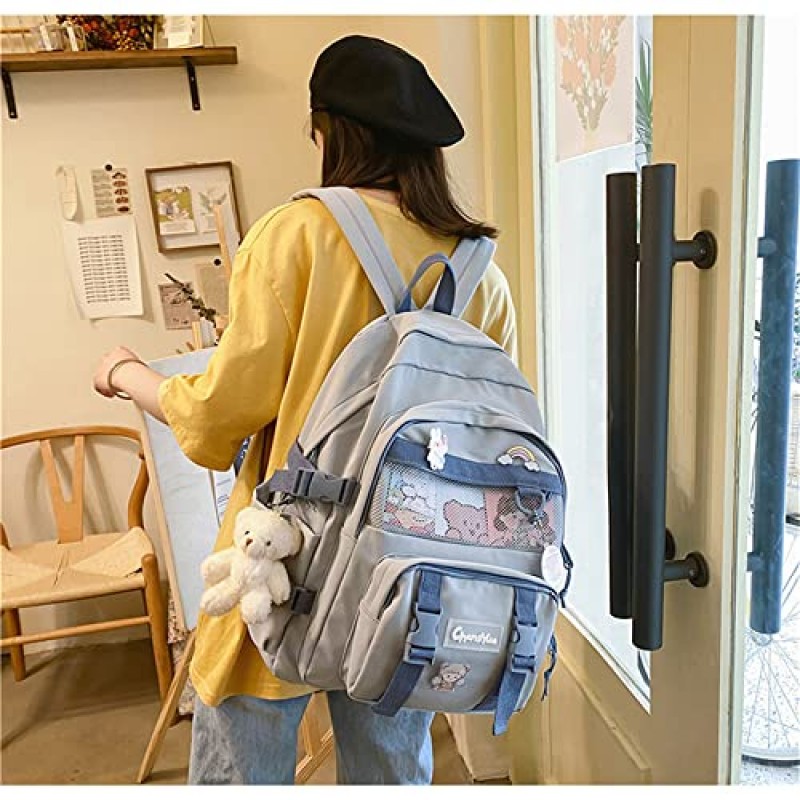 JELLYEA 카와이 배낭 카와이 핀 학교 가방 배낭 대용량 소녀 배낭 십대 멀티 포켓 Bookbag