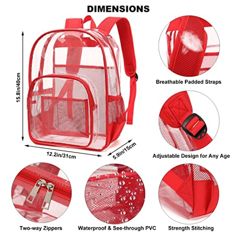 Dezcrab Clear Backpack 학교 배낭 책가방 소녀 소년 여성 남성, 헤비 듀티 투명 배낭 (빨간색)