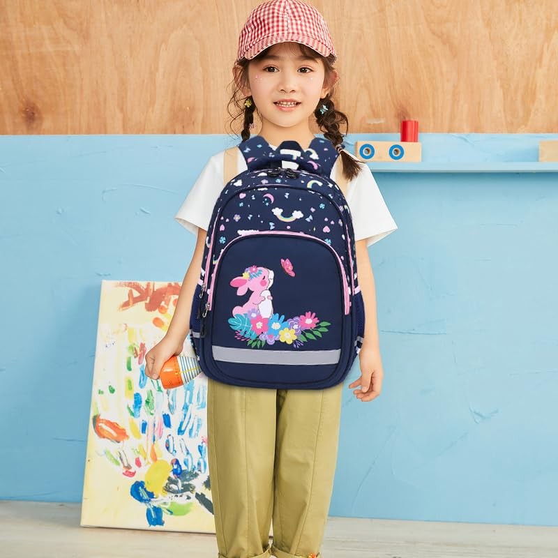 BEFUNIRISE 학교 배낭 어린이 세트 중초등학교 유치원 유치원 점심 가방 및 필통 책가방 소년 소녀 청소년 (토끼-네이비 블루)