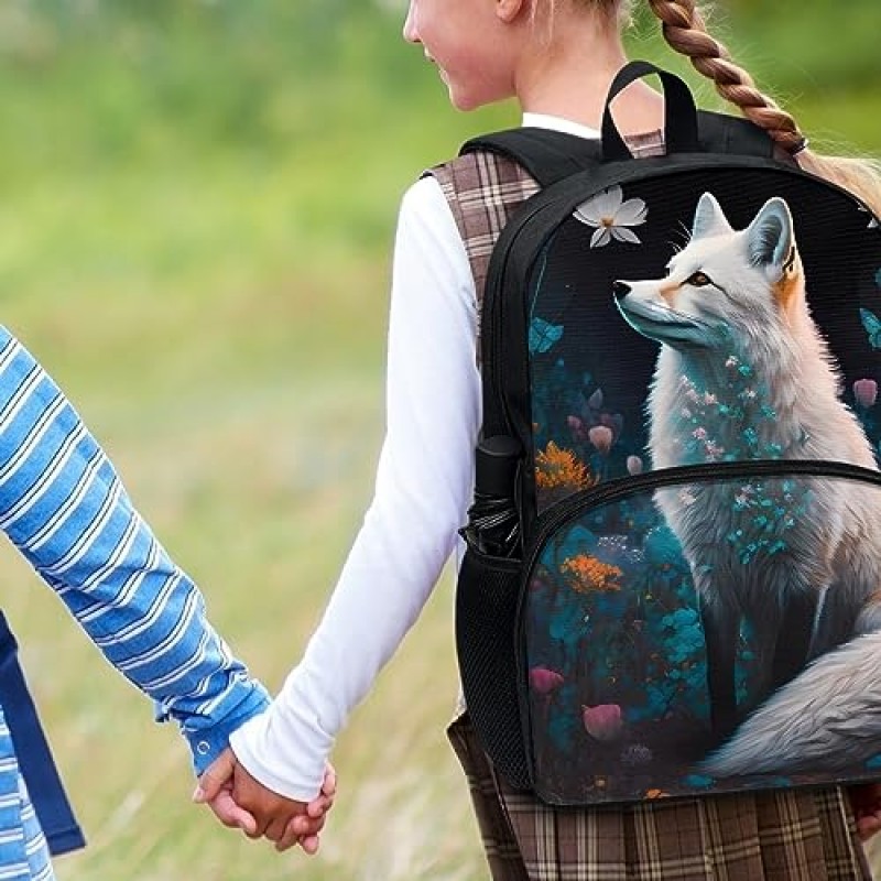Geleglaer 학교 배낭 북극 여우 경량 십대 소녀 소년 Schoolbag 연필 가방 동물 3D 여우 패턴 어린이를위한