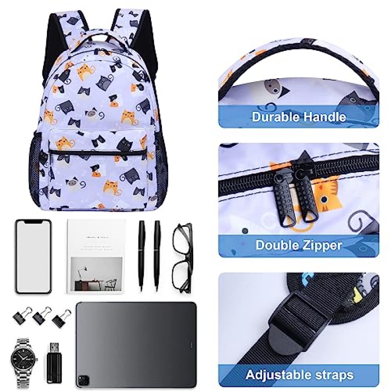 Lopevctor 고양이 배낭 세트 소녀 소년, 어린이 고양이 배낭 학교 점심 가방 및 키 체인, 귀여운 고양이 Bookbag 학교 가방 세트 학생