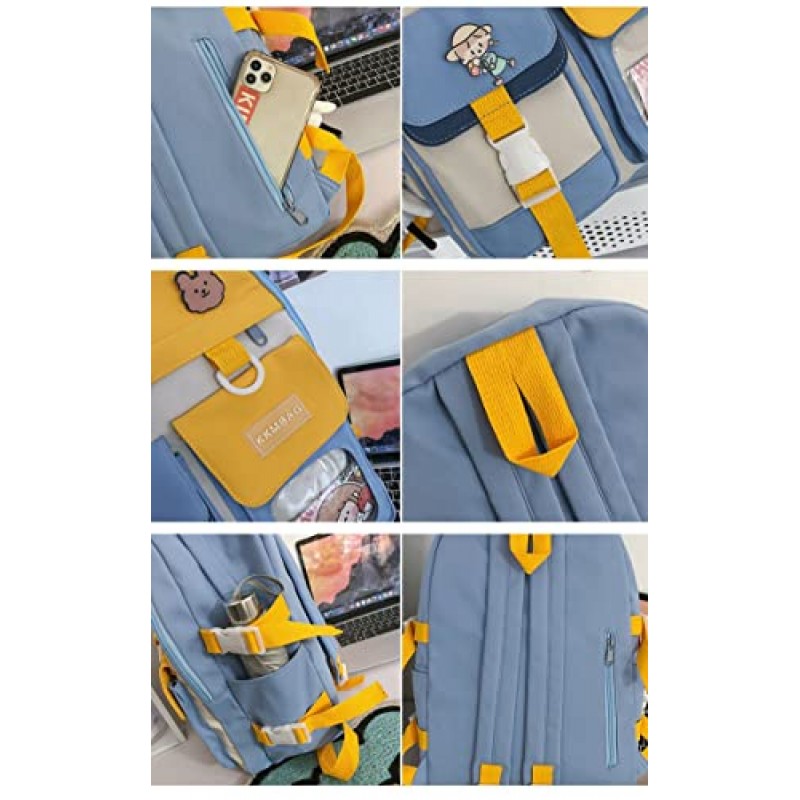GLIGLITTR Kawaii 배낭 학교 미적 Bookbag 소녀를위한 귀여운 애니메이션 배낭 어린이 숄더 백 대학생 가방 (파란색 & 노란색)