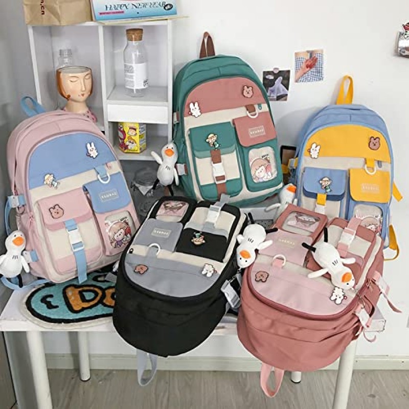 GLIGLITTR Kawaii 배낭 학교 미적 Bookbag 소녀를위한 귀여운 애니메이션 배낭 어린이 숄더 백 대학생 가방 (파란색 & 노란색)