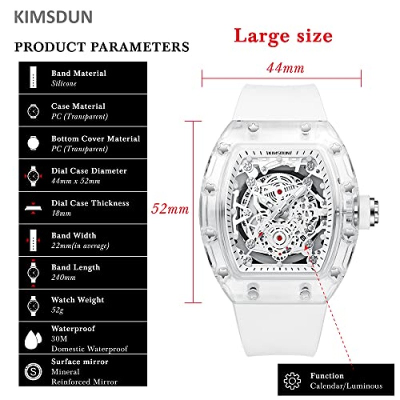 KIMSDUN-세련된 스켈레톤 스포츠 시계, 방수, 아날로그 석영 날짜 달력 손목시계, 투명한 토너 케이스 캐주얼 시계, 남성용 남녀공용 실리콘 스트랩
