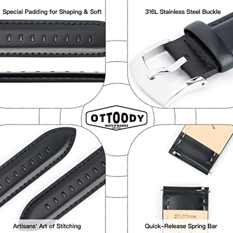 OTTOODY 가죽 시계 밴드 퀵 릴리스, 남성 및 여성을 위한 우아한 탑 그레인 가죽 시계 스트랩, 색상 및 폭 선택 - 18mm, 19mm, 20mm, 21mm 또는 22mm 시계 및 스마트워치용 손목 밴드 팔찌