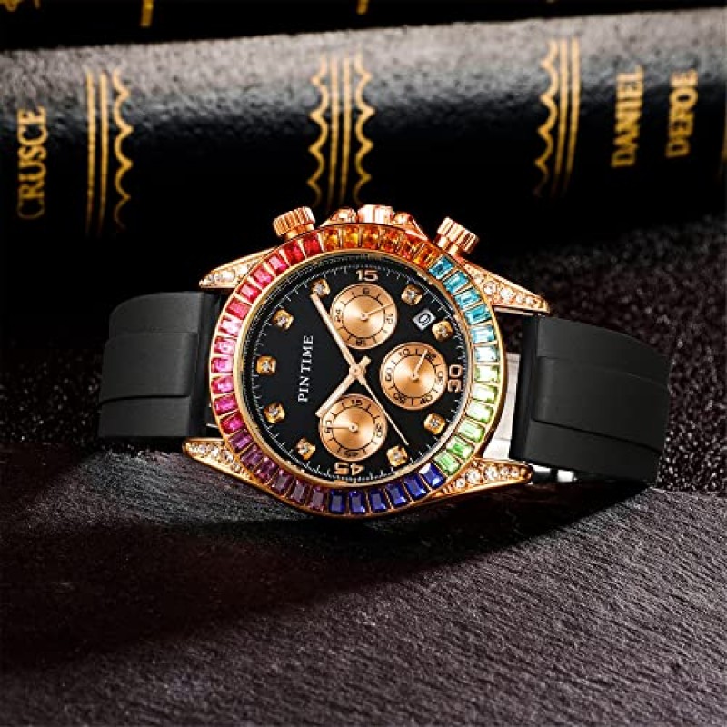 PINTIME Mens 다이아몬드 시계 레인보우 바게트 다채로운 패션 스포츠 크로노 그래프 클래식 실리콘 석영 아날로그 손목 시계