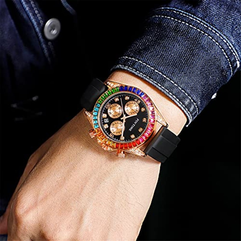 PINTIME Mens 다이아몬드 시계 레인보우 바게트 다채로운 패션 스포츠 크로노 그래프 클래식 실리콘 석영 아날로그 손목 시계