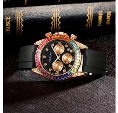 PINTIME Mens 다이아몬드 시계 레인보우 바게트 다채로운 패션 스포츠 크로노 그래프 클래식 실리콘 석영 아날로그 손목 시계