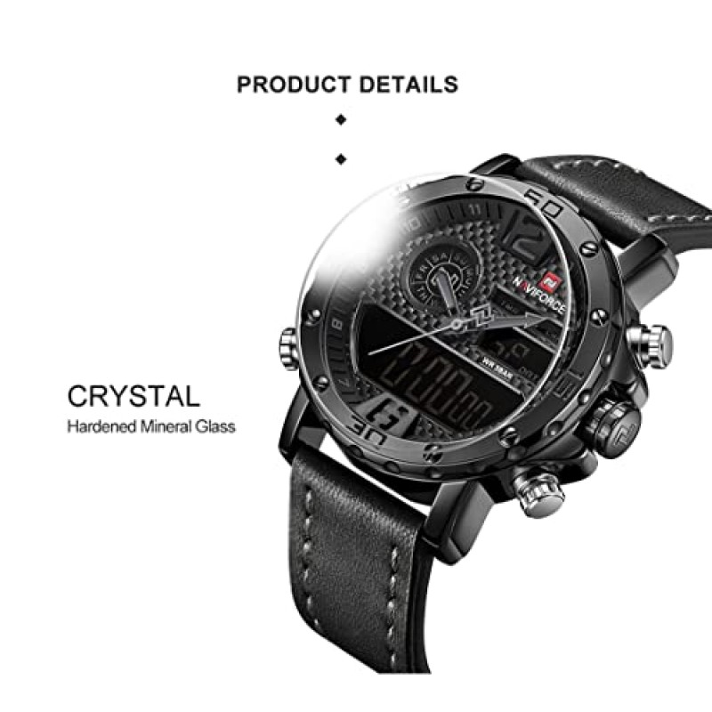 NAVIFORCE 남성용 방수 스포츠 시계 가죽 디지털 아날로그 시계 럭셔리 캐주얼 듀얼 타임 손목시계