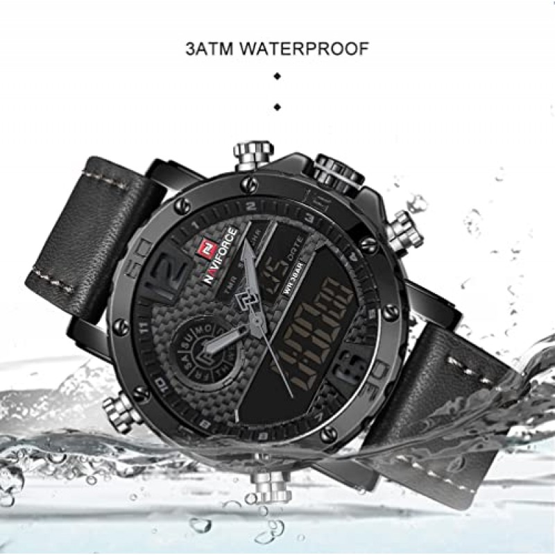 NAVIFORCE 남성용 방수 스포츠 시계 가죽 디지털 아날로그 시계 럭셔리 캐주얼 듀얼 타임 손목시계