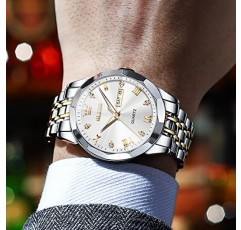 OLEVS 남성용 시계 다이아몬드 비즈니스 드레스 아날로그 쿼츠 스테인레스 스틸 방수 축광 날짜 2 톤 럭셔리 캐주얼 손목 시계