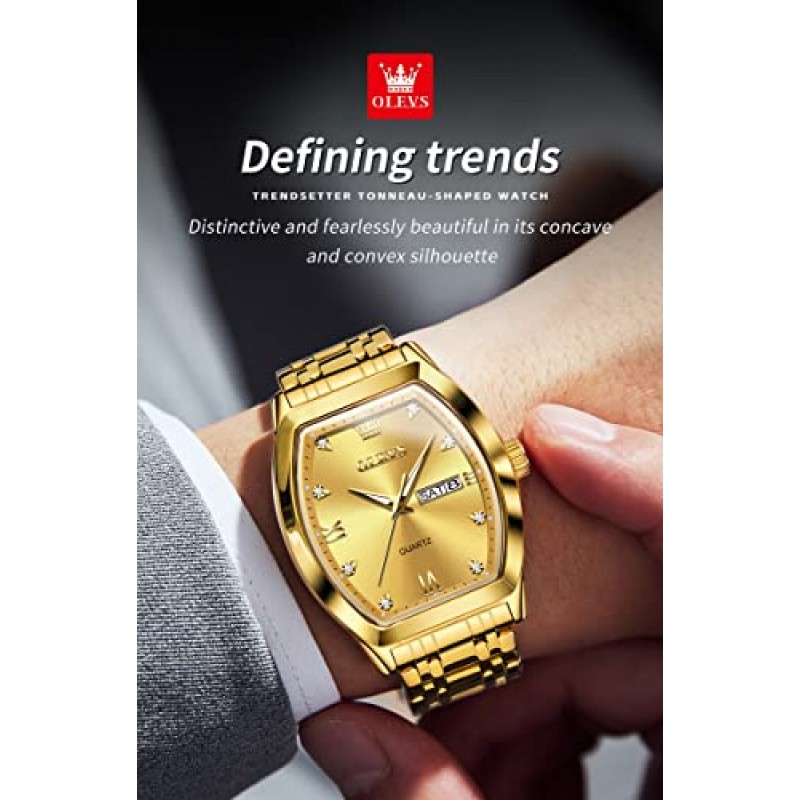OLEVS Mens Gold Watch 비즈니스 드레스 다이아몬드 손목 시계 Tonneau Big Face Easy Reader 스테인레스 스틸 방수 날짜 남성 시계