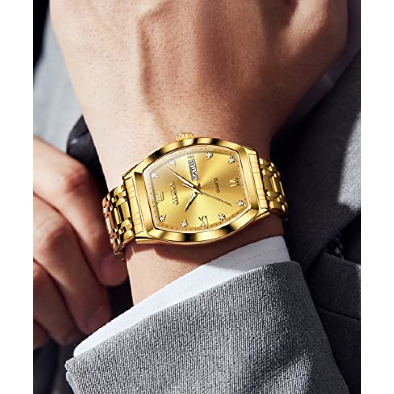 OLEVS Mens Gold Watch 비즈니스 드레스 다이아몬드 손목 시계 Tonneau Big Face Easy Reader 스테인레스 스틸 방수 날짜 남성 시계
