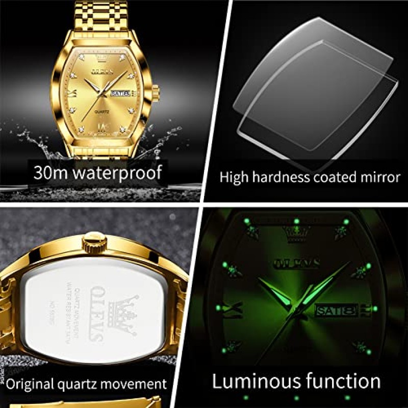 OLEVS Mens Gold Watch 비즈니스 드레스 다이아몬드 손목 시계 Tonneau Big Face Easy Reader 스테인레스 스틸 방수 날짜 남성 시계