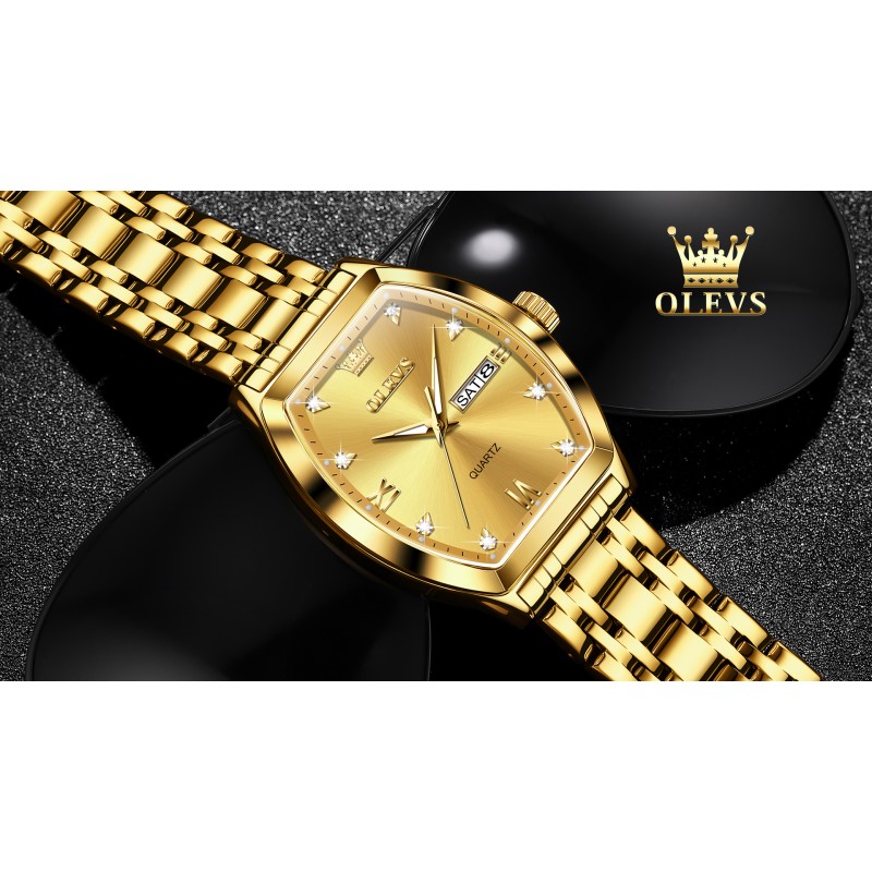 OLEVS Mens Gold Watch 비즈니스 드레스 다이아몬드 손목 시계 Tonneau Big Face Easy Reader 스테인레스 스틸 방수 날짜 남성 시계