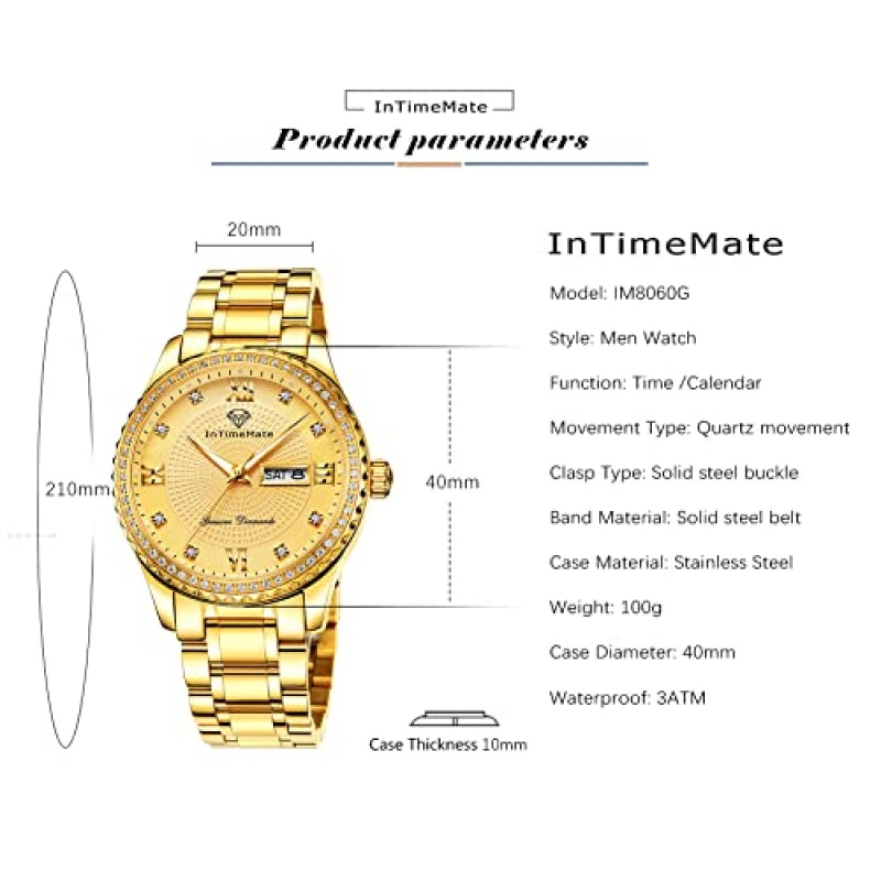 INTIMEMATE 남자 골드 시계 럭셔리 다이아몬드 남자 시계 달력 비즈니스 드레스 블링 시계 남성용 빅 페이스 쿼츠 아날로그 방수 빛나는 캐주얼 스테인레스 스틸 남성 손목 시계
