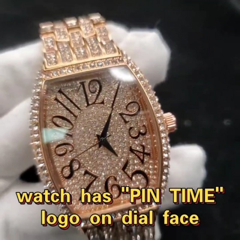 PINTIME 럭셔리 남성용 크리스탈 다이아몬드 시계 토노 패션 블링 아이스 방수 석영 아날로그 시계 남성용 가죽 스트랩 힙합 랩퍼